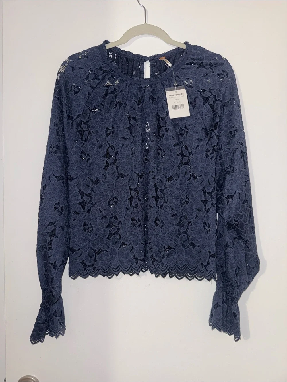 Free People Navy Floral Lace Peasant Top